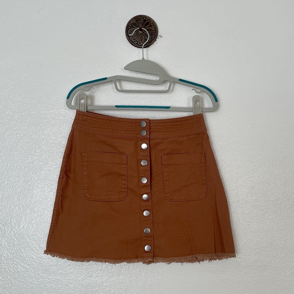 Madewell High Waist Snap Button Skirt Tan Denim Raw Hem Pockets Mini Pencil 2